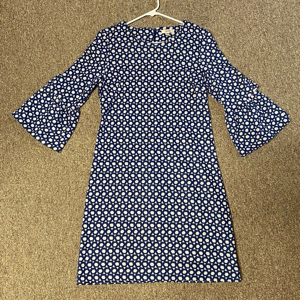 Tyler Boe Blue and White Geometric Bell-Sleeve Dress